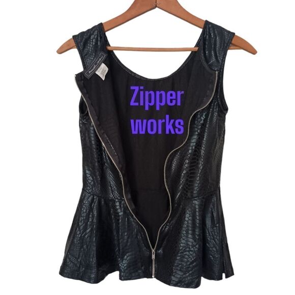 Vintage 90s Faux Leather Peplum Top S  Sexy Animal Print Embossed Wet Look Zips. - Picture 10 of 15